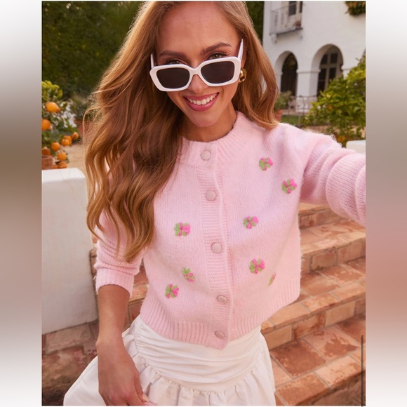 Vici Soft Pink Blush Meadow Floral Embroidered Cardigan Knit Sweater New - Picture 7 of 15